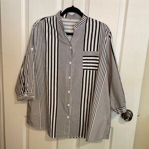 Black and White Asymmetrical Casual Button Down Shirt
